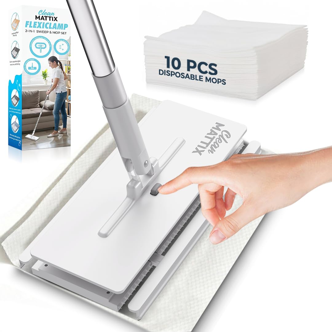 FlexiClamp Sweep & Mop Kit - Durable Cleaning Tool for Hardwood, Tile, Marble & Laminate Floors, Home, Kitchen Cleaning Essentials. (Include 10 Dry Cloths)