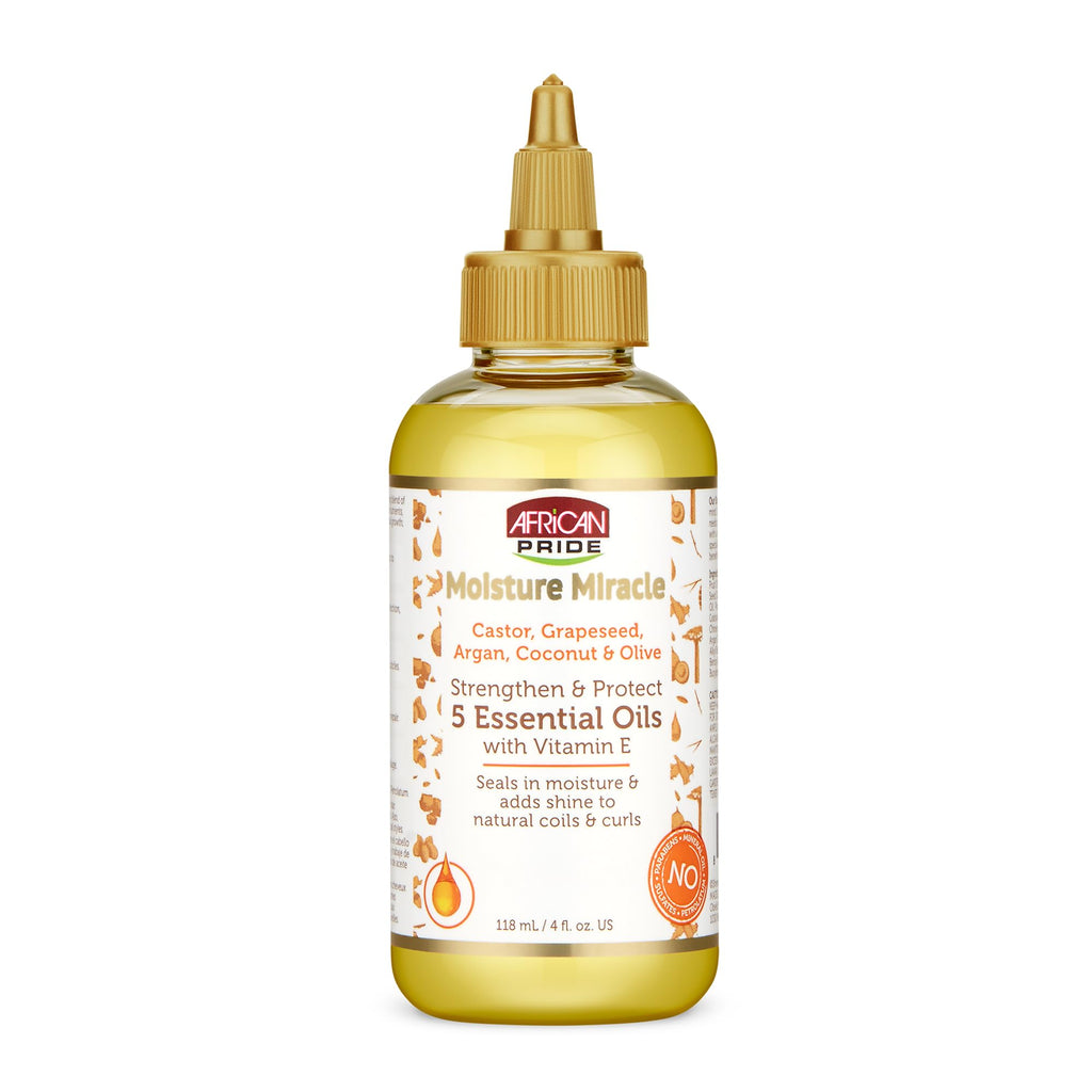 African Pride Moisture Miracle 5 Essential Hair Oils, 8 Oz | Argan, castor, grapeseed, coconut & olive oils with vitamin E for shine, strength and moisture