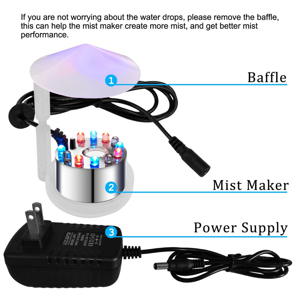 PULACO Mist Maker, 12 LED Mister Fogger Water Fountain Pond Fog Machine Atomizer Air Humidifier, Indoor Fountain Mister Foggers Perfect for Halloween