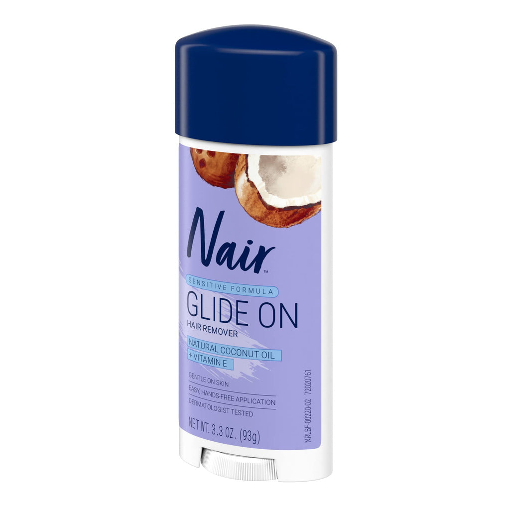 Nair Sensitive Formula Glide On Hair Removal Cream, 3.3 Oz | Sensitive Formula, Leg & Underarms Hair Removal, Hands-Free Applicator, Dermatologist-Tested, Coconut Oil & Vitamin E
