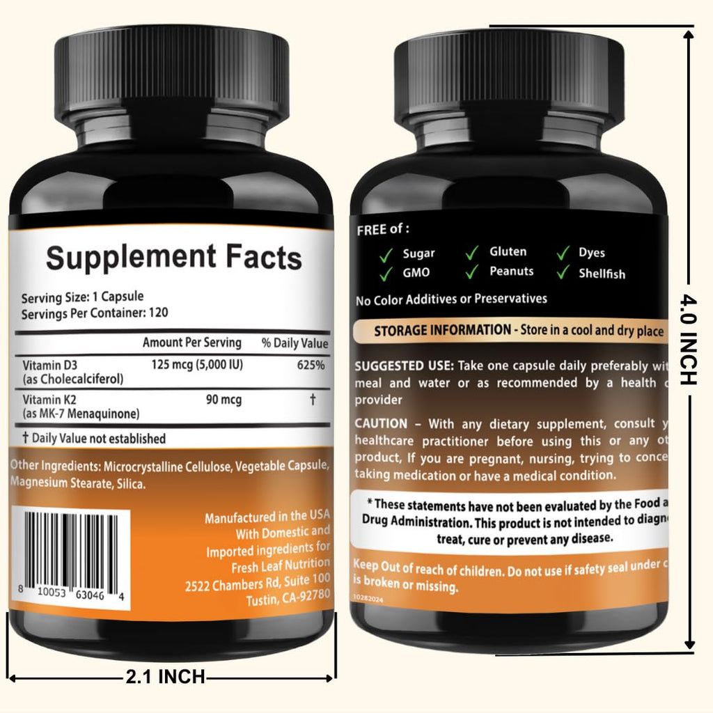 VITBOOST Vitamin D3 K2 Complex - 5000 IU (125 mcg) D3 & K2 (MK-7) 90 mcg | Easy to Swallow Vitamin D | Non-GMO | Gluten-Free | USA Made, 3rd Party Tested, 120 Capsules