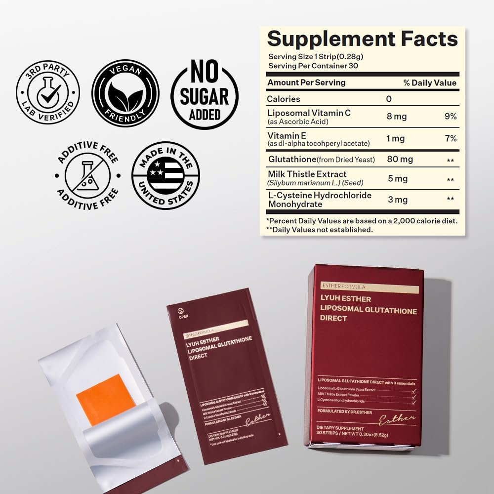 ESTHER FORMULA Liposomal Glutathione Strips (30 ct) - Glutathione Direct | Liposomal Glutathione Supplement with 90% Pure L-Glutathione for Antioxidant & Skin Glow Support, Fast-Absorbing Oral Strips