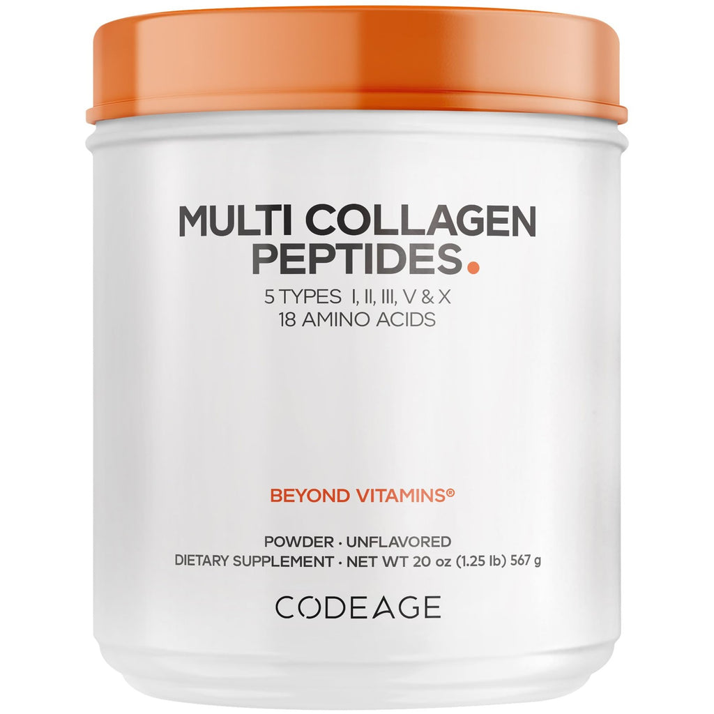 Codeage Multi Collagen Protein Powder Peptides, 5 Types, Unflavored, 20 Oz | NSF Certified - Five collagen types (I, II, III, V, X) from five food sources with bone broth. Unflavored powder. Non-GMO.