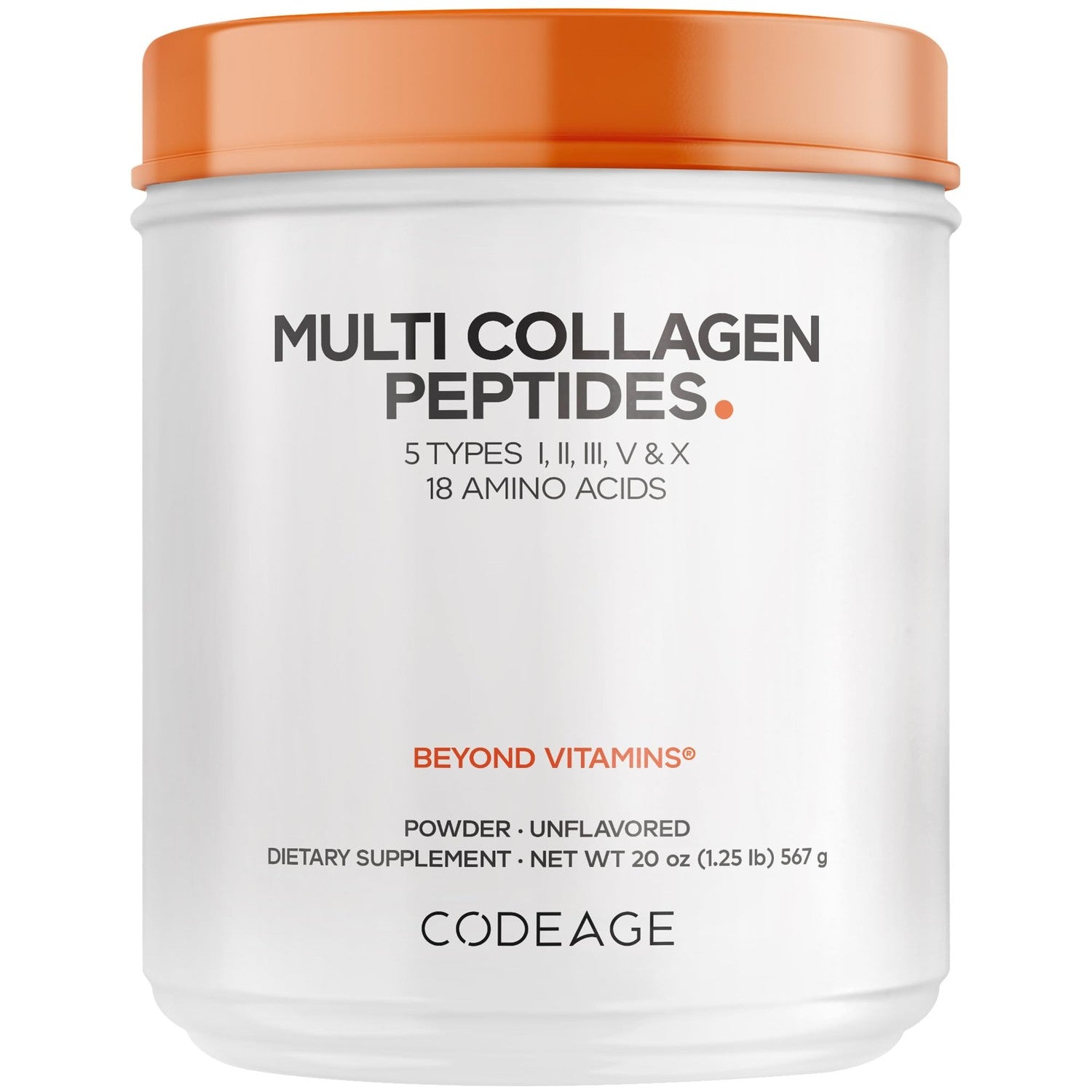 Codeage Multi Collagen Protein Powder Peptides, 5 Types, Unflavored, 20 Oz | NSF Certified - Five collagen types (I, II, III, V, X) from five food sources with bone broth. Unflavored powder. Non-GMO.