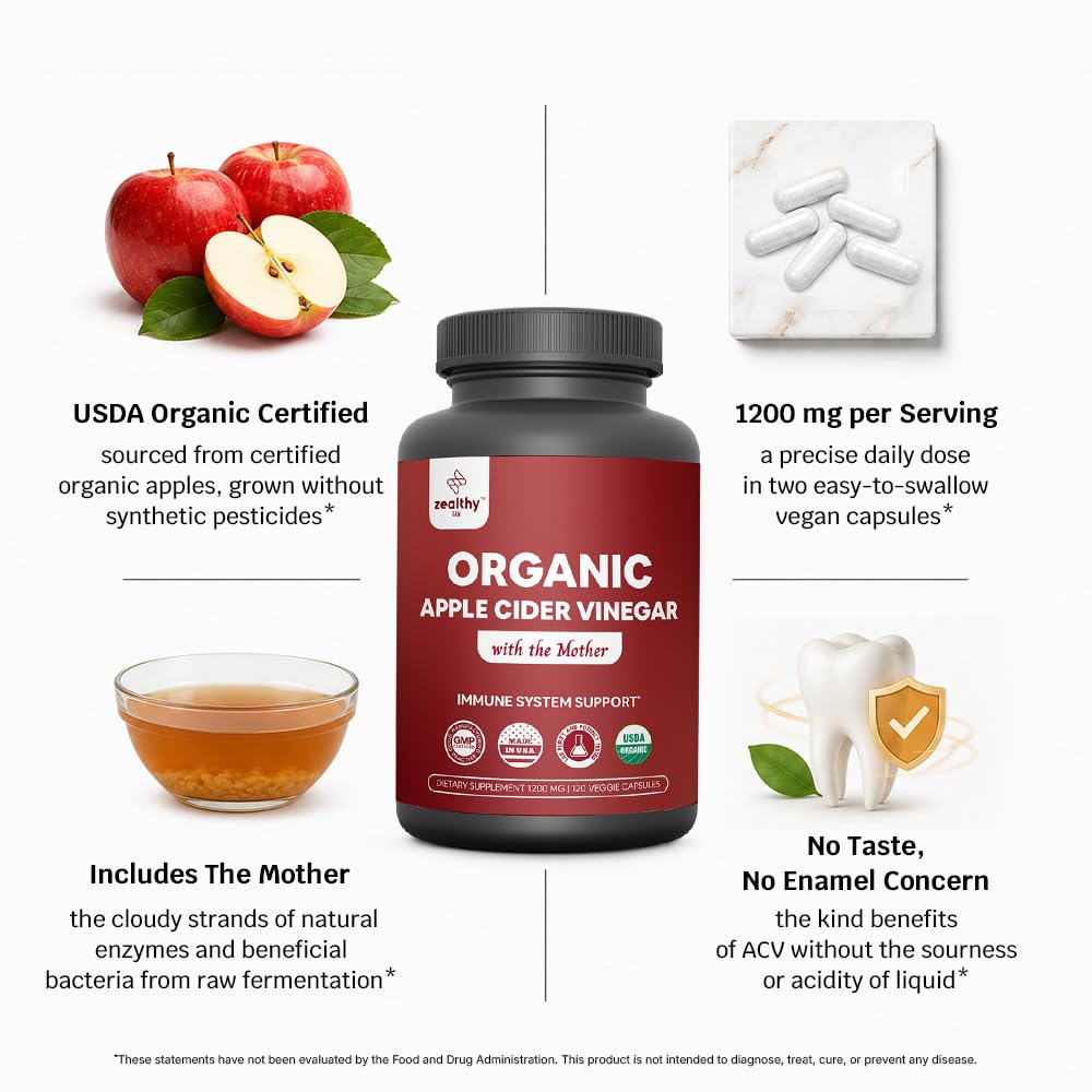 Organic Apple Cider Vinegar with The Mother – 1200mg Capsules for Optimal Wellness, Gluten-Free, Non-GMO, 120 Veggie Capsules – Zealthy Life