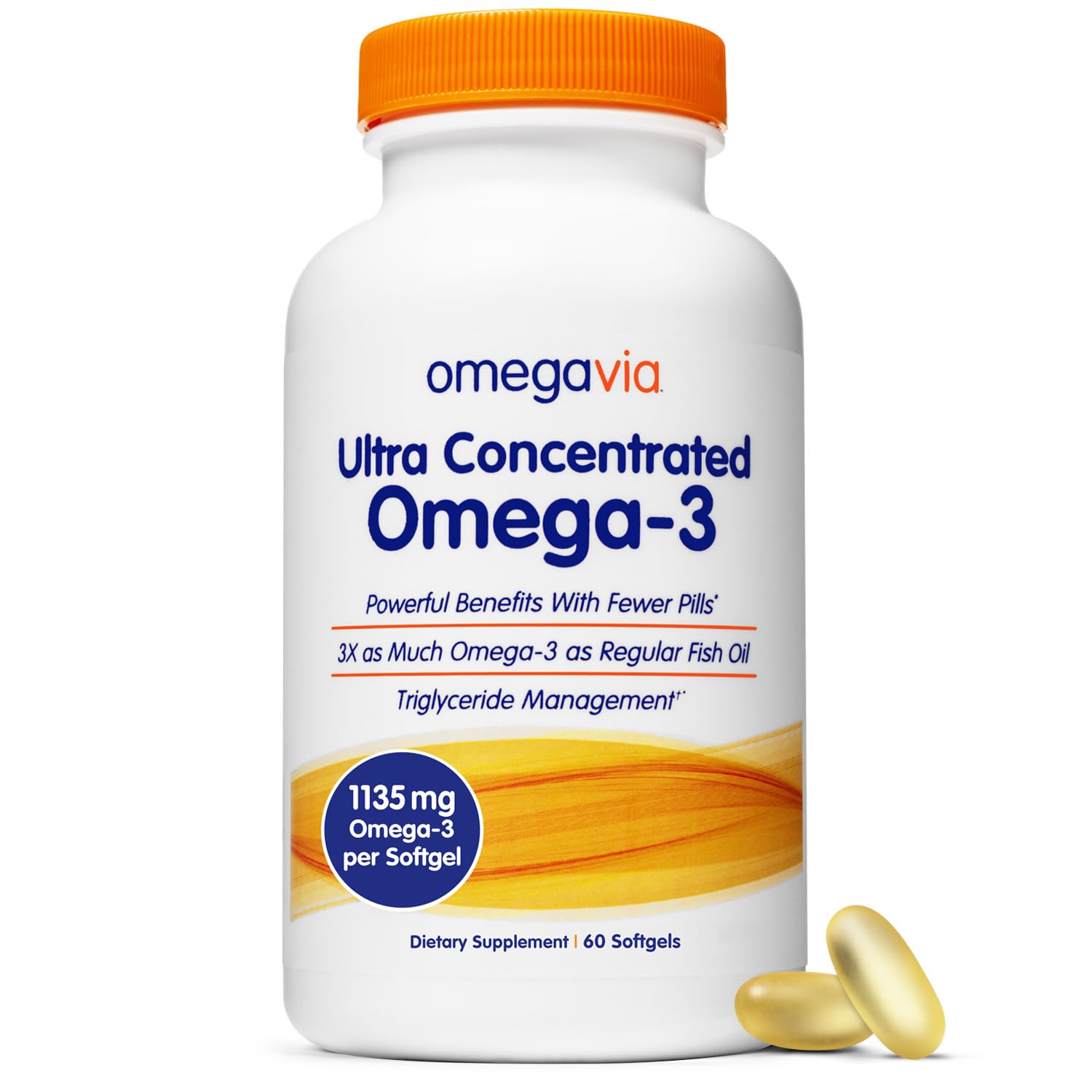 OmegaVia Ultra Concentrated Omega 3 Fish Oil, EPA DHA 1135 mg (60 Softgels) | 3x More Omega-3 in One Pill, Burp Free Omega 3 Supplement for Women & Men, Triglyceride Form, Brain & Joint Support
