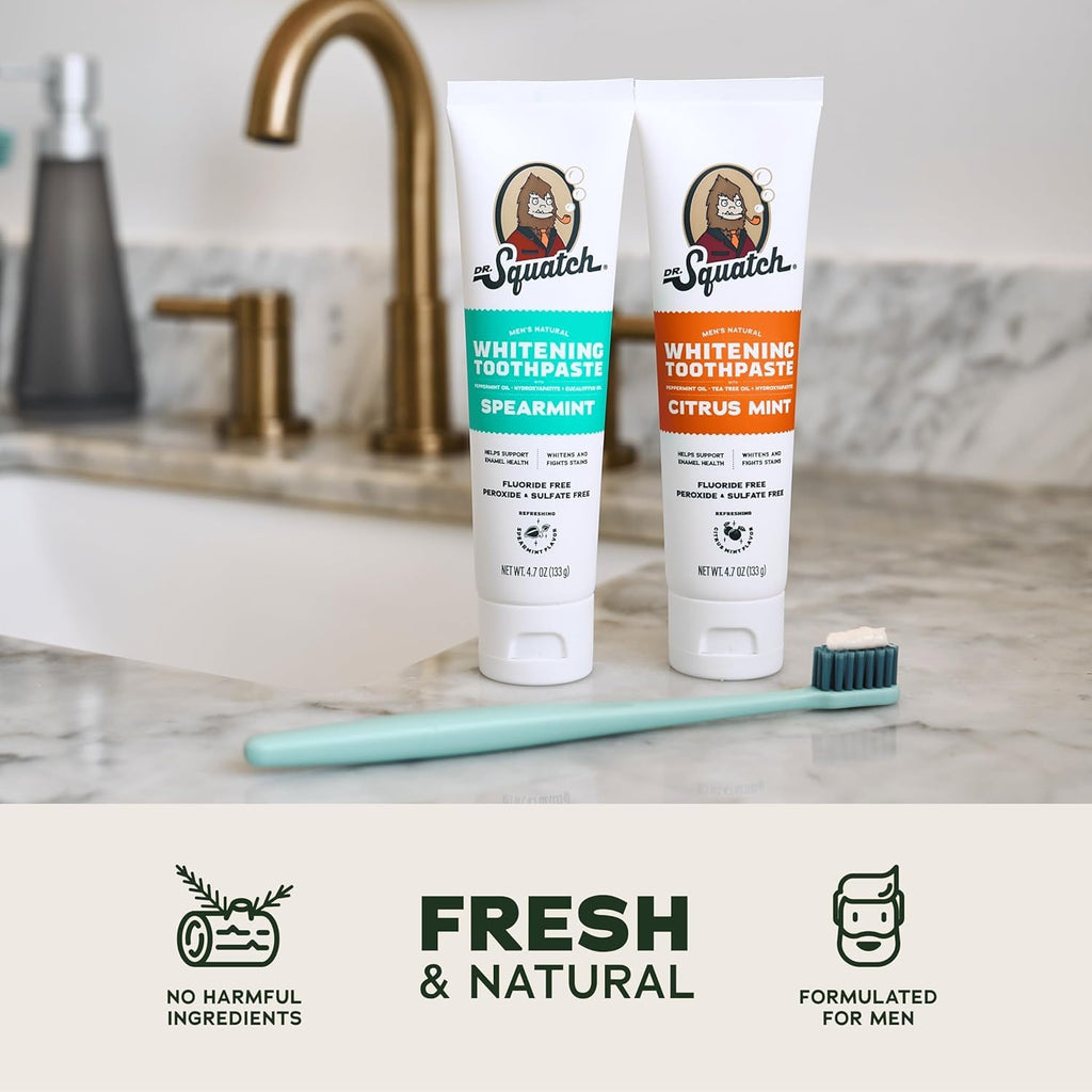 Dr. Squatch Hydroxyapatite Toothpaste Whitening - Natural, Fluoride-Free Toothpaste - Enamel Support - Day & Night Set - Citrus Mint & Spearmint, (4.7 oz, 2-Pack)