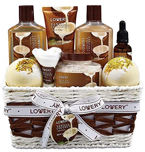 Buy now Gifts For Women Gift Basket for Womenâ€“ 9 Piece Set of Vanilla Coconut Home Spa Set, Luxurious Valentines Day Gifts for Her, Bath and Body Sets Includes Fragrant Lotions, Large Bath Bombs, Coconut Oil at indiglob india
