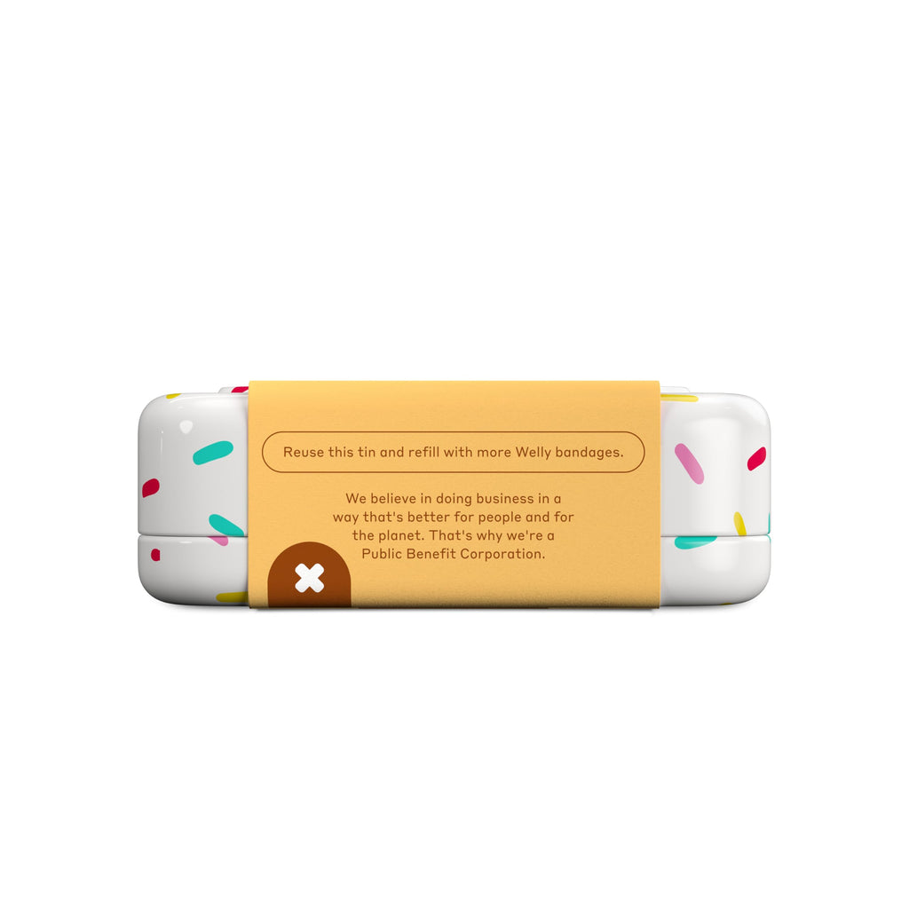 Welly Bandages | Adhesive Flexible Fabric Bravery Badges | Assorted Shapes for Minor Cuts, Scrapes, and Wounds | Colorful and Fun First Aid Tin | Ice Cream Patterns - 48 Count