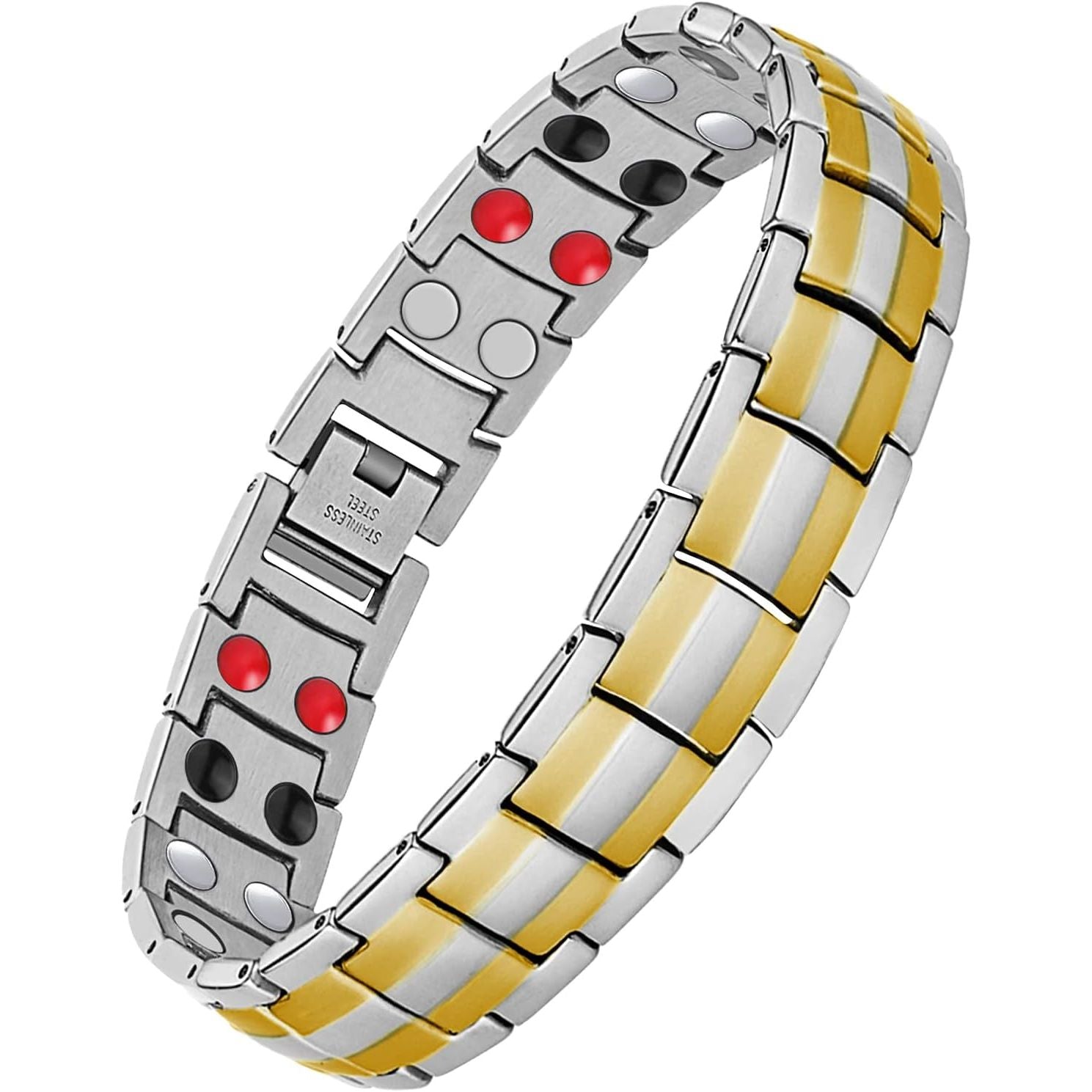Buy now Feraco Mens Magnetic Bracelet Titanium Steel Magnetic Bracelet with Double Row 4 Elements Magnets (Silver) Silver with Double Gold Line at indiglob india