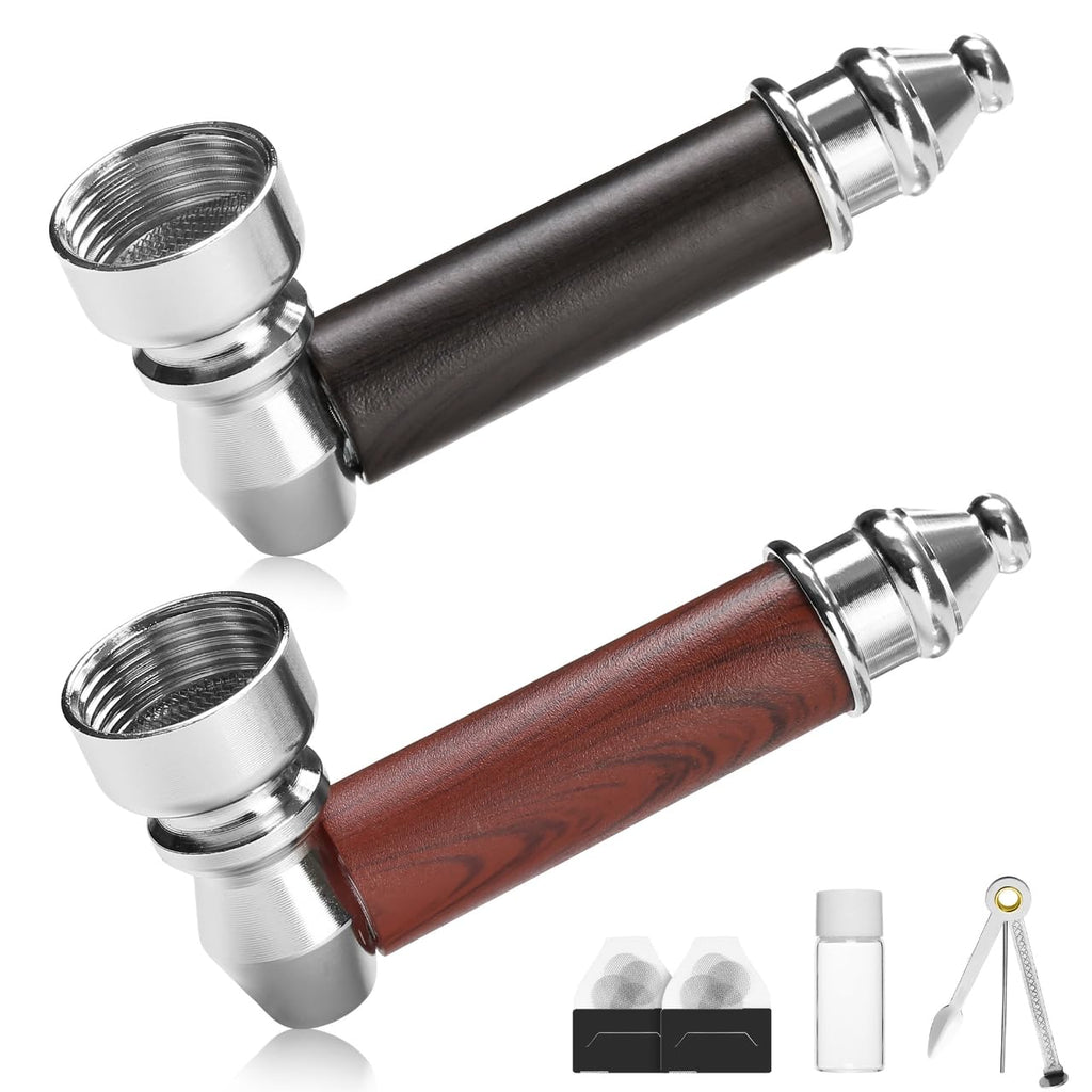 2PCS Tobacco Pipe Set – Wooden Classic Texture Smoking Pipes in Red and Black with Smooth Handle Finish – Includes Pouch for Everyday Use and Gifting