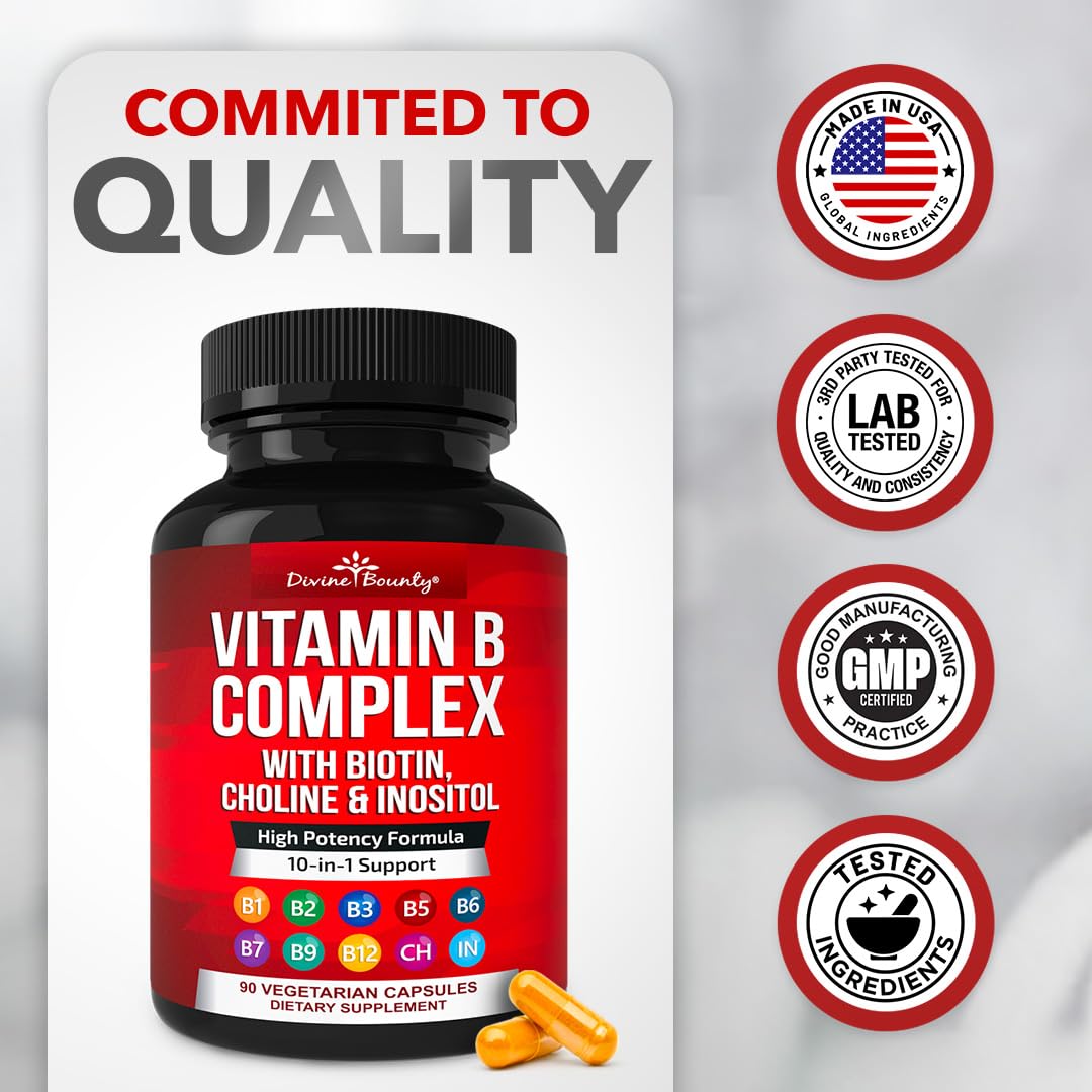 Divine Bounty Vitamin B Complex, All B Vitamins in One Capsule, 90 Count | Super B Complex Vitamins B1 B2 B3 B5 B6 B7 B9 B12 for Men & Women, Supports Healthy Energy Metabolism, Vegetarian Capsules