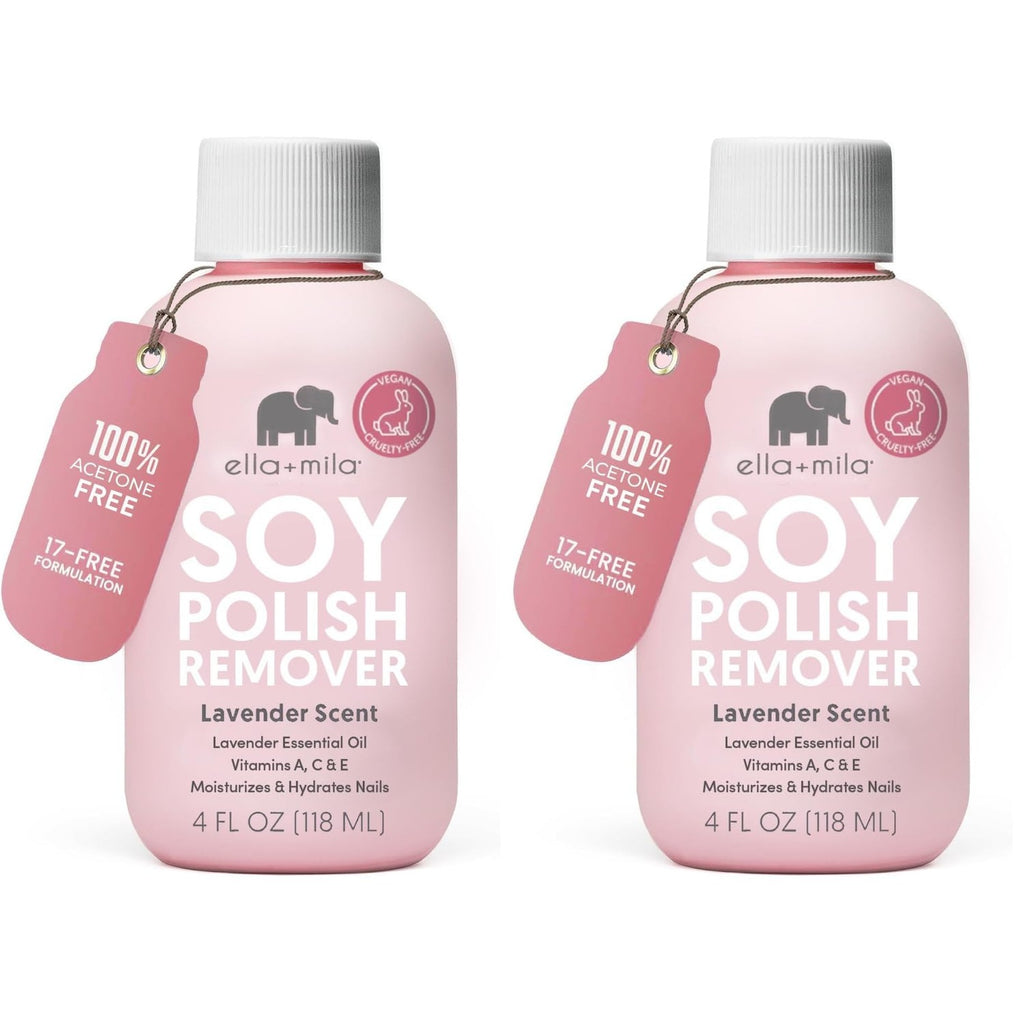 ella+mila Soy Nail Polish Remover - Non-Acetone with Lavender Oil, 4 fl oz | Soy-based non-acetone remover; lavender oil; vitamins A, C & E; gentle on bare nails; vegan; 4 fl oz
