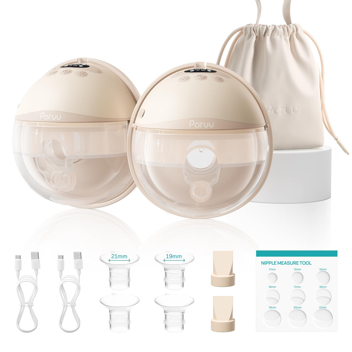 Paruu P16 Pro Wearable Breast Pump, Hands-Free Electric Breast Pump with 160min Battery & Night Light, 4 Modes & 12 Levels, 309mmHg Suction, 24mm Flange, Storage Bag & Dust Cover, 2 Pack (Champagne)