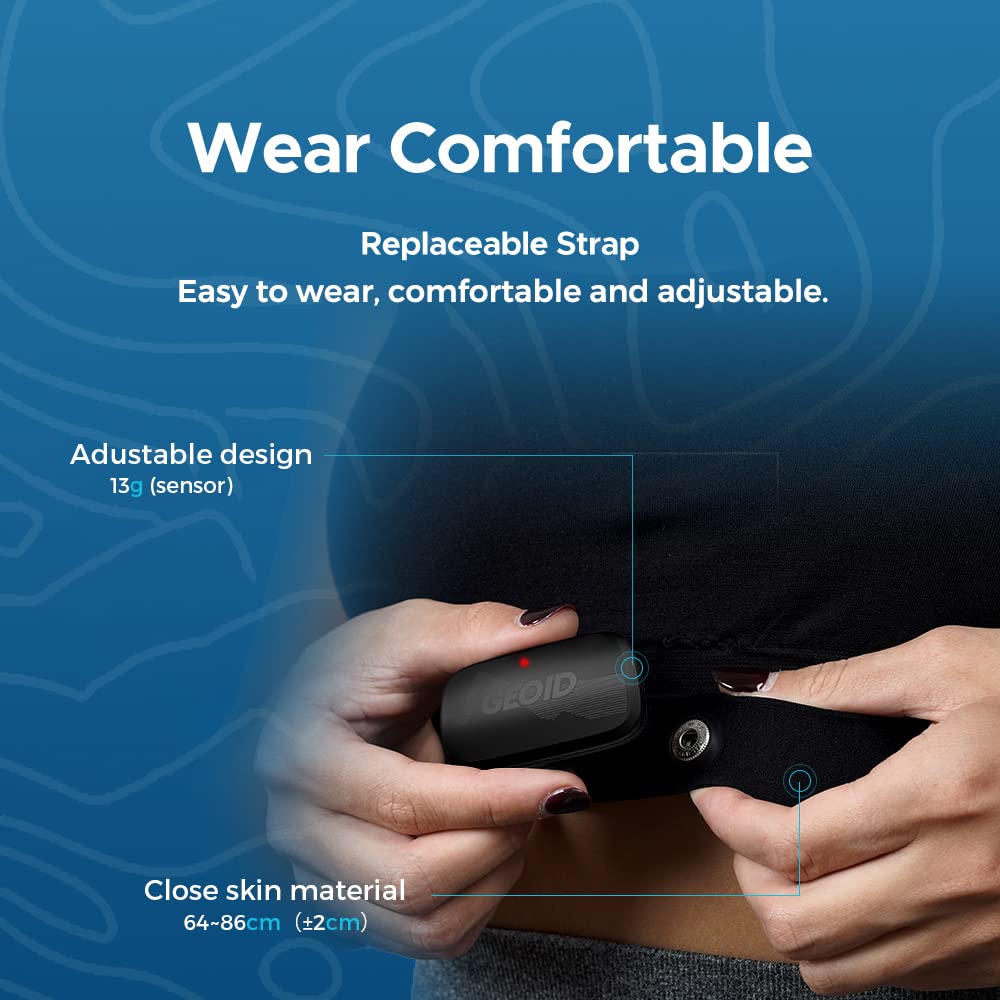 GEOID HS500 Heart Rate Monitor, Heart Rate Sensor Chest Strap, Protocol ANT+/Bluetooth, 800h Battery, IP67 Waterproof, Compatible with iOS/Android APPs