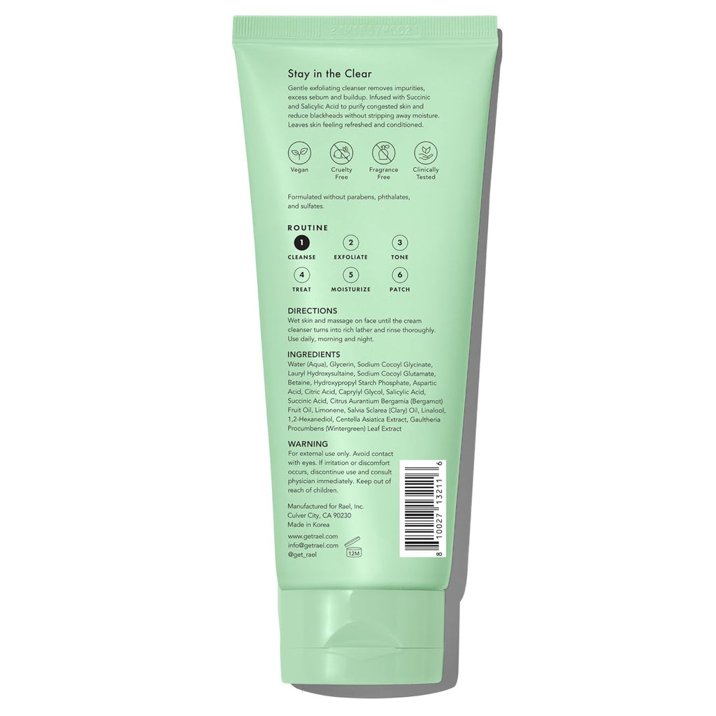 Rael Miracle Clear Facial Cleanser Face Wash (Exfoliating Cleanser, 5.1 oz) | Gentle Exfoliating Deep Pore Cleansing with Succinic Acid & Minerals, Korean Skin Care for Oily & Combination Skin
