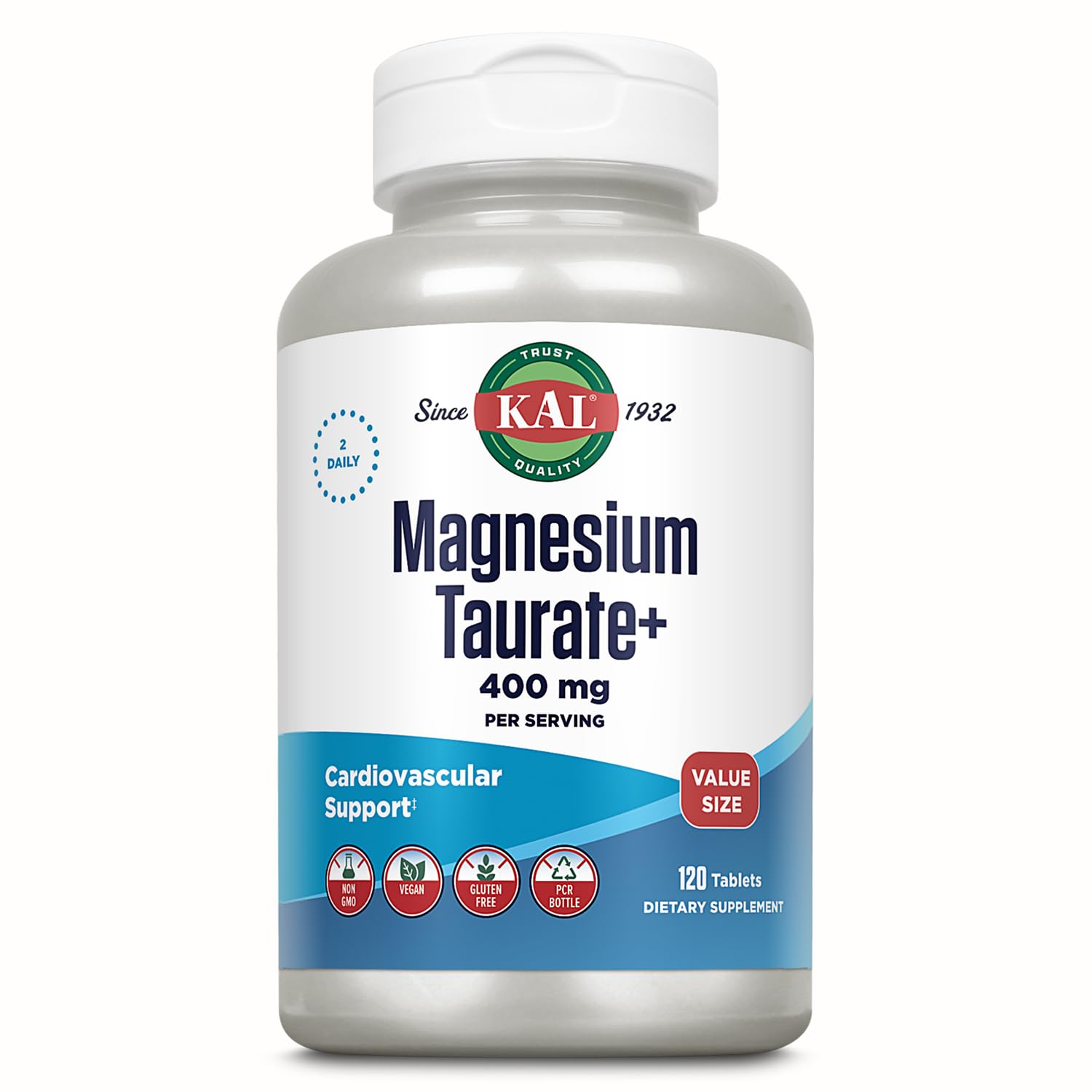 KAL Magnesium Taurate 400 mg with Vitamin B6, 120 Tablets | Heart, Muscle & Nervous System Support, Chelated Magnesium with Vitamin B6, 60 Servings, Non GMO, Lab Verified