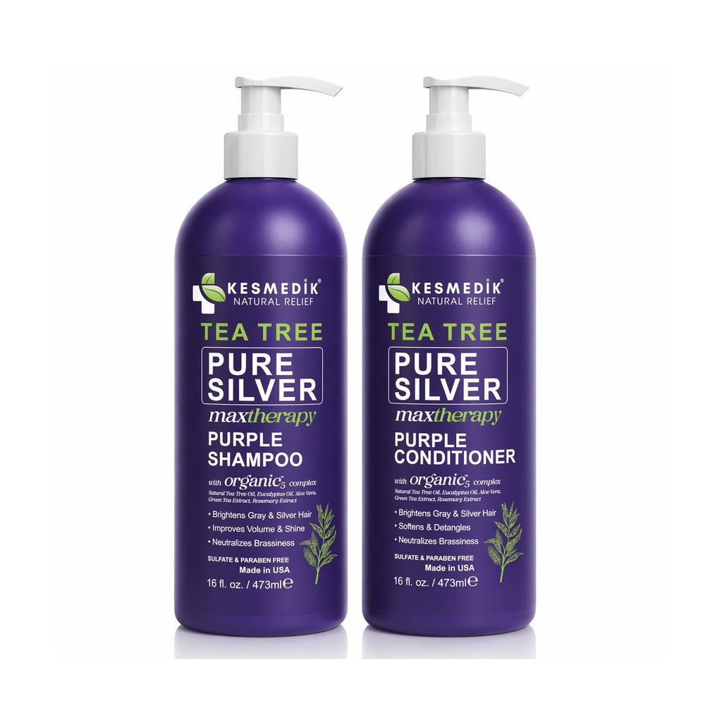 Tea Tree Purple Shampoo and Conditioner Set for Blonde, Silver & Gray Hair, Anti-Brass Toning & Brightening, Refreshes and Hydrates Scalp & Hair, Sulfate-Free Botanical Formula