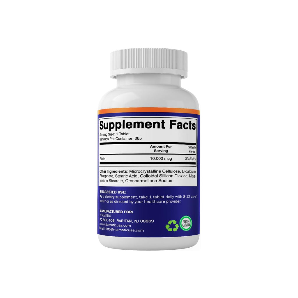 Vitamatic Biotin 10,000 mcg (10 mg) for Stronger Hair, Skin & Nails - 365 Vegan Tablets- Also Called Vitamin B7