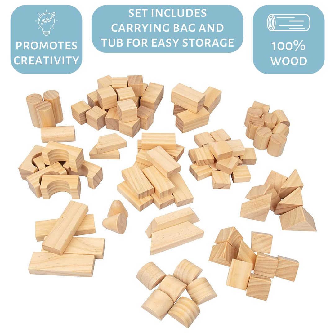 Buy now Wooden Blocks Set - 100 Pc Natural Colored Wood Building Block Toys- 100% Real Wood, 14 Different Shapes, Great Gift for Kids or School Project, Hands On Indoor Activity Play- Build, Stack and Create at indiglob india