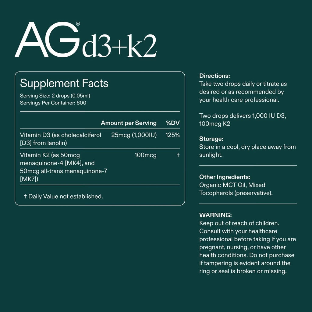 AG1 Vitamin D3 + K2 Liquid Drops | Vitamin D & K Blend | Daily Bone Support | Supports Immune, Heart, and Bone Health With Highly Bioavailable Nutrients in an Easy-to-Use, Vegan Formula