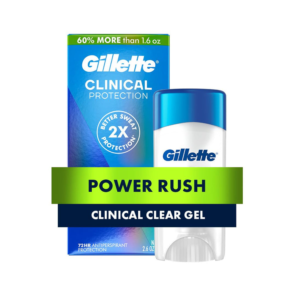 Buy now Gillette Clinical Antiperspirant and Deodorant for Men, 72hr Sweat & Odor Protection, Long Lasting Freshness, Anti-White Mark Technology, Clear Gel, Power Rush Scent, 2.6 oz at indiglob india