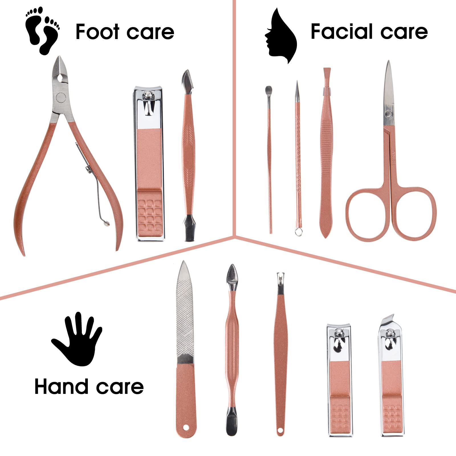 Nail Clippers & Beauty Tool Portable Set, Rose Gold Manicure Set, 12 in 1. | Martensitic Stainless Steel, Pink Leather Bag, Suitable for Home, Workplace, Outdoor Travel, Gift Giving, Salon.