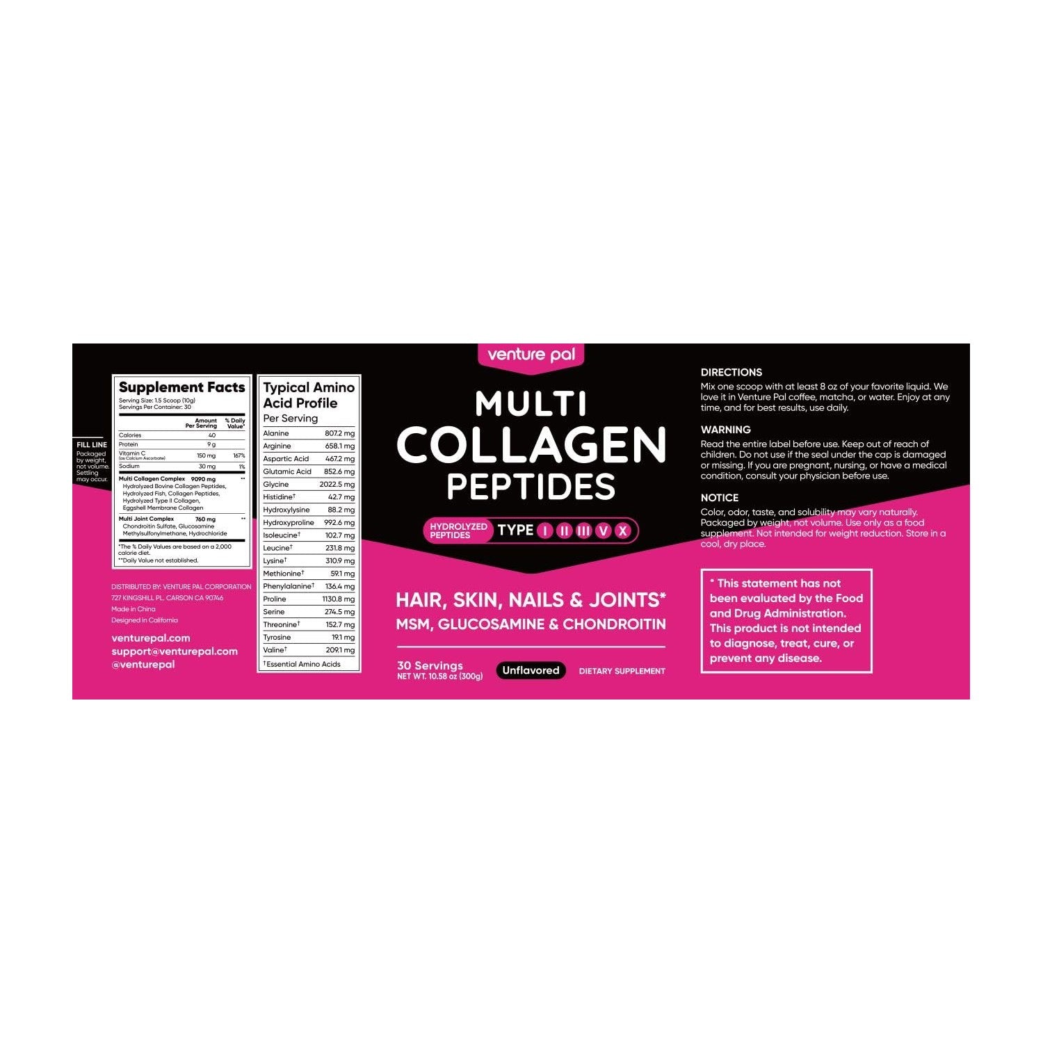 Multi Collagen Powder Type I II III V X, Hydrolyzed Collagen Peptides | With MSM, Glucosamine Chondroitin, Hyaluronic Acid & Vitamin C to Support Skin, Hair, Nails & Joint Health, Unflavored