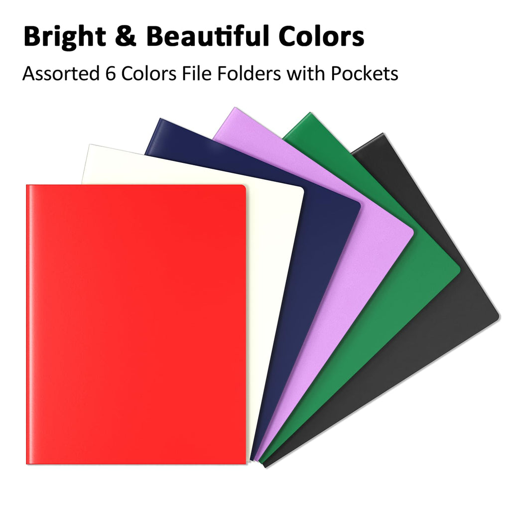 Plastic Pocket Folders, 6 Assorted Colors Folders with Pockets Letter Size