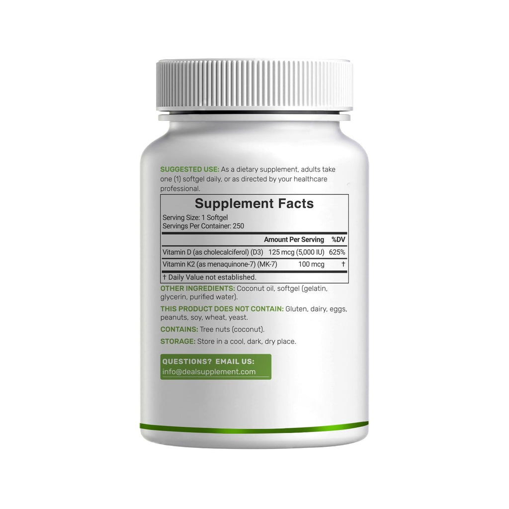 DEAL SUPPLEMENT Vitamin D3 5,000 IU + K2 MK7 100mcg Softgels | 2-in-1 Complex with Virgin Coconut Oil | Supports Heart, Bone, Teeth & Immune Health | Easy to Swallow