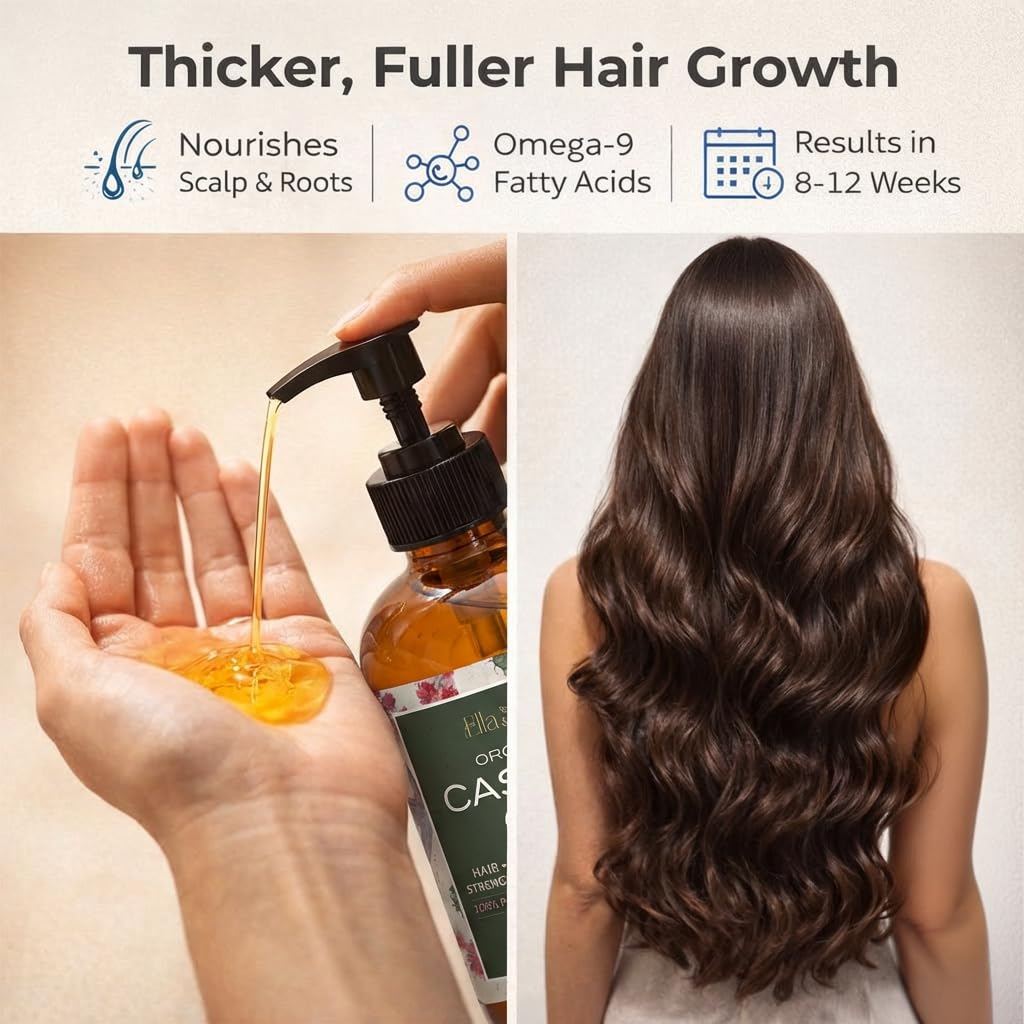 USDA Organic Castor Oil, 100% Pure Cold-Pressed Hexane-Free, 16 Oz | For Hair Growth, Stomach, Fuller Lashes & Brows, Skin Nourishment – Ricinoleic Fatty Acids, Unrefined, Glass Bottle with Pump