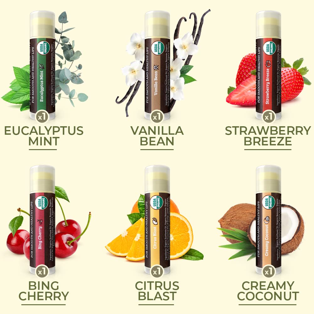 Buy now Earth's Daughter USDA Organic Lip Balm 6-Pack - Fruit Flavors, Beeswax, Coconut Oil, Vitamin E - Best Lip Repair Chapstick for Dry Cracked Lips - Moisturizing Lip Care at indiglob india