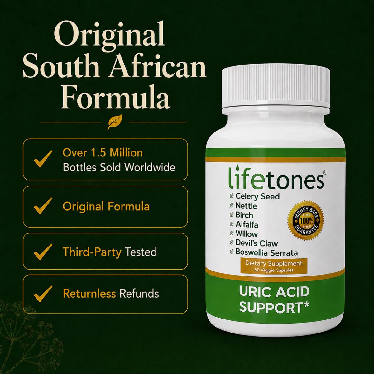 Lifetones Uric Acid Support Capsules – 7-Herb Formula with Boswellia, Devil's Claw, White Willow & Celery Seed – No Herbal Taste – Supports Healthy Uric Acid Levels & Joint Comfort – 60 Vegan Capsules