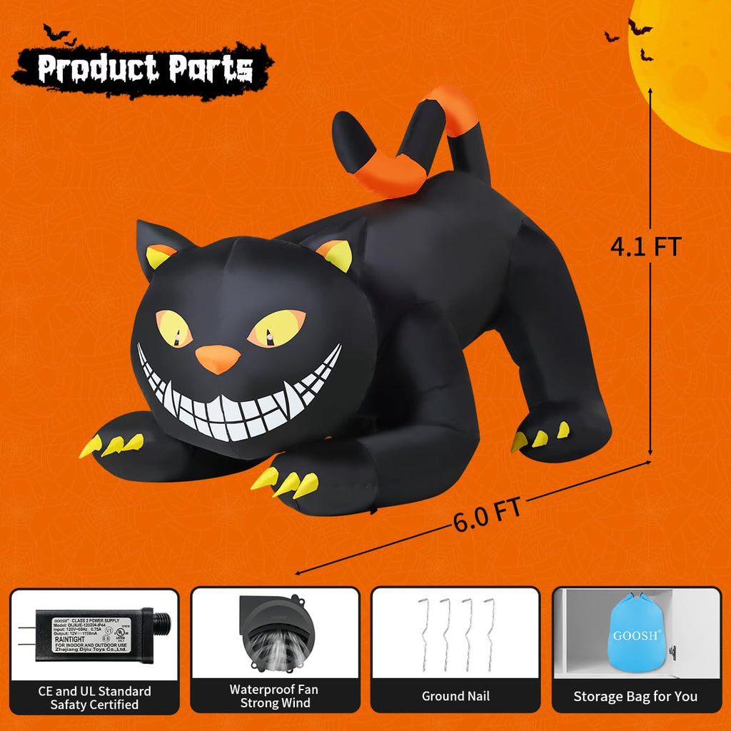 GOOSH 6 FT Halloween Inflatables Outdoor Black Cat with Shakable Head, Blow Up Yard Decoration with LED Lights Built-in for Holiday/Party/Yard/Garden