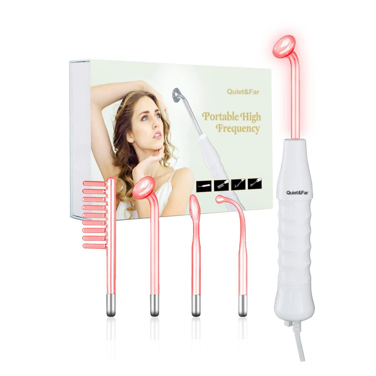 Quiet&Far High Frequency Facial Machine Skin Care Tool for Wrinkles Reducing Skin Tightening High Frequency Facial Wand with 4 Tubes