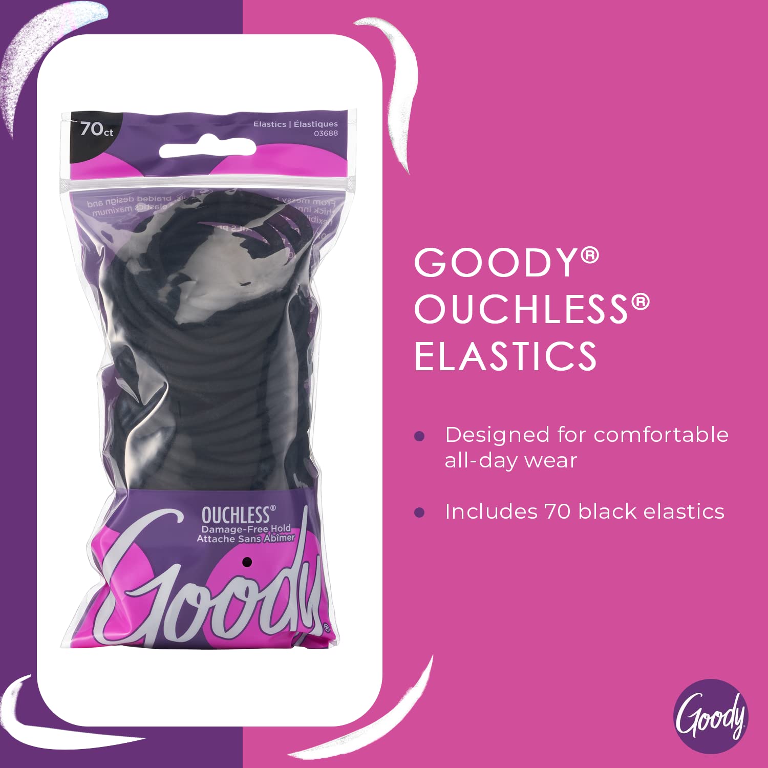 Goody Ouchless Hair Elastics – No Pull, No Breakage, Tangle-Free Hold for Thick, Curly, Coily & Textured Hair – 70 Count, Black, Long-Lasting Ponytail Holders for Women & Men