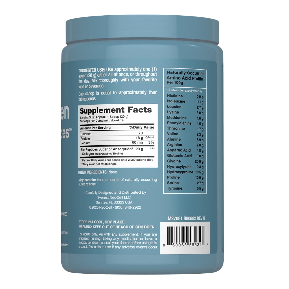 NeoCell Collagen Bio-Peptides Powder | 10oz | Super Hair, Skin, and Nails | Superior Absorption | Grassfed Protein Supplement | Advanced with 18 Essential Amino Acids