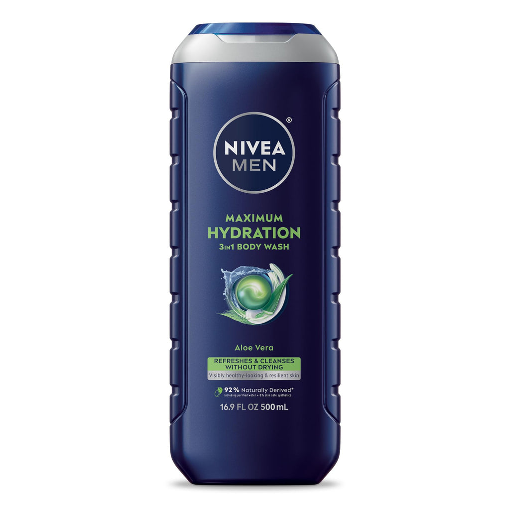 Buy now NIVEA MEN Maximum Hydration Body Wash for Dry Skin, Aloe Vera Enriched, 3-in-1 Moisturizing Body Wash, Face and Hair, Paraben Free, Vegan Formula, 16.9 Fl Oz Bottle, Pack of 3 at indiglob india
