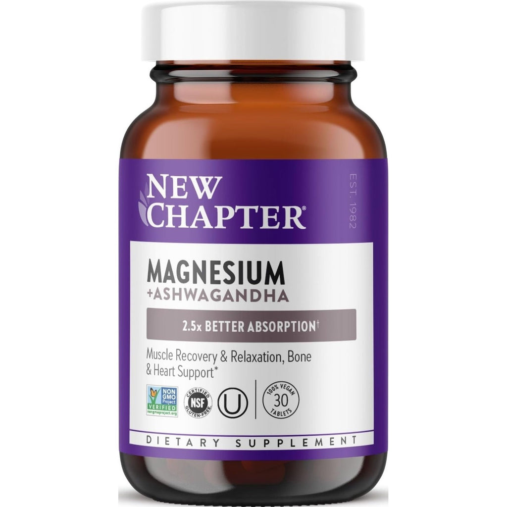 New Chapter Magnesium Glycinate 325mg & Ashwagandha Supplement, 90 Tablets | Highly Absorbable Formula Supports Muscle and Bone Health, Non-GMO, Kosher, Vegan, and Gluten Free