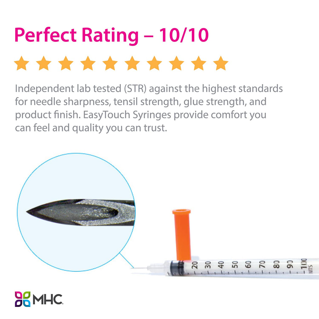EasyTouch U-100 Insulin Syringe with Needle, 31G 0.5cc 5/16-Inch (8mm), Box of 100