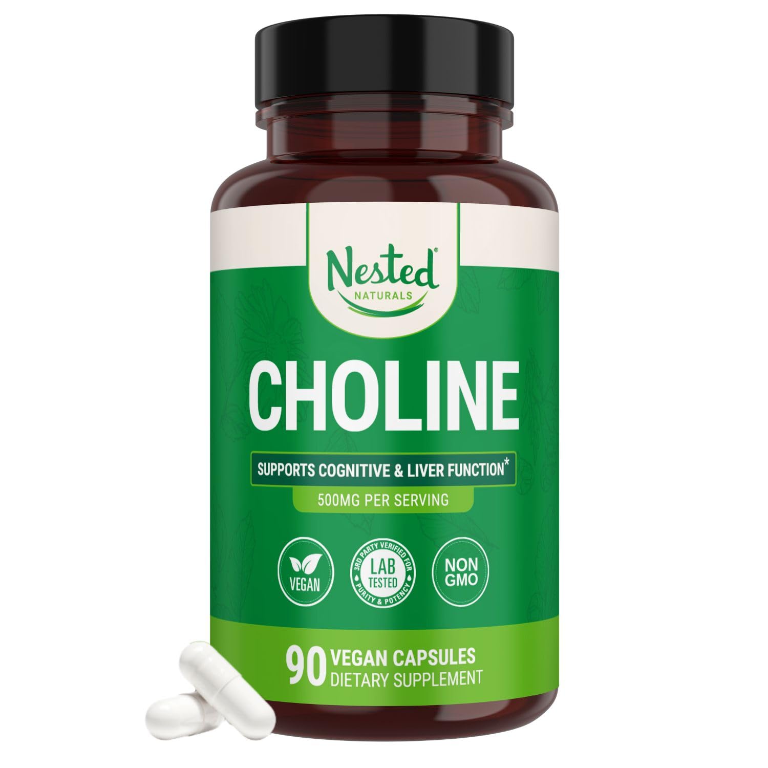 Nested Naturals Choline Bitartrate 500mg Per Serving - High Potency Choline Supplements - Supports Prenatal Maternal & Fetal Health During Pregnancy* - 100% Vegan & Non-GMO - 2-Pack (180 Capsules)