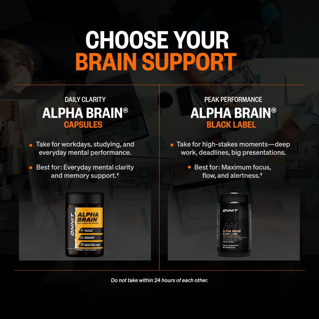 ONNIT Alpha Brain Black Label Nootropic, Citicoline & Lions Mane, 80 Count | IGEN Non-GMO Tested; Citicoline, Lions Mane, Lutemax Lutein, L-Theanine & Mucuna Pruriens; concentration, memory support