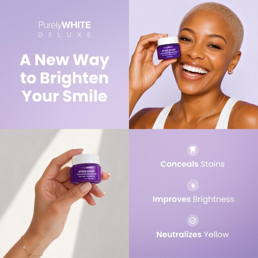 PurelyWHITE DELUXE, Updated Design Simply Purple Brightening Powder - Conceals Stains, No Sensitivity - Enamel-Safe Toothpaste Whitening Powder for Coffee, Tea, Food, Wine, and Tobacco Stains.