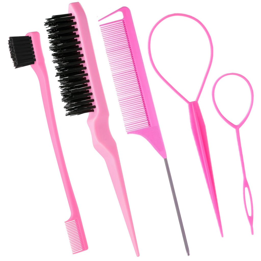 6Pack Double Sided Edge Control Hair Brush，Pink Purple Black | Professional Edge Control Hair Brush Comb Set, Dual-Sided Bristle Design