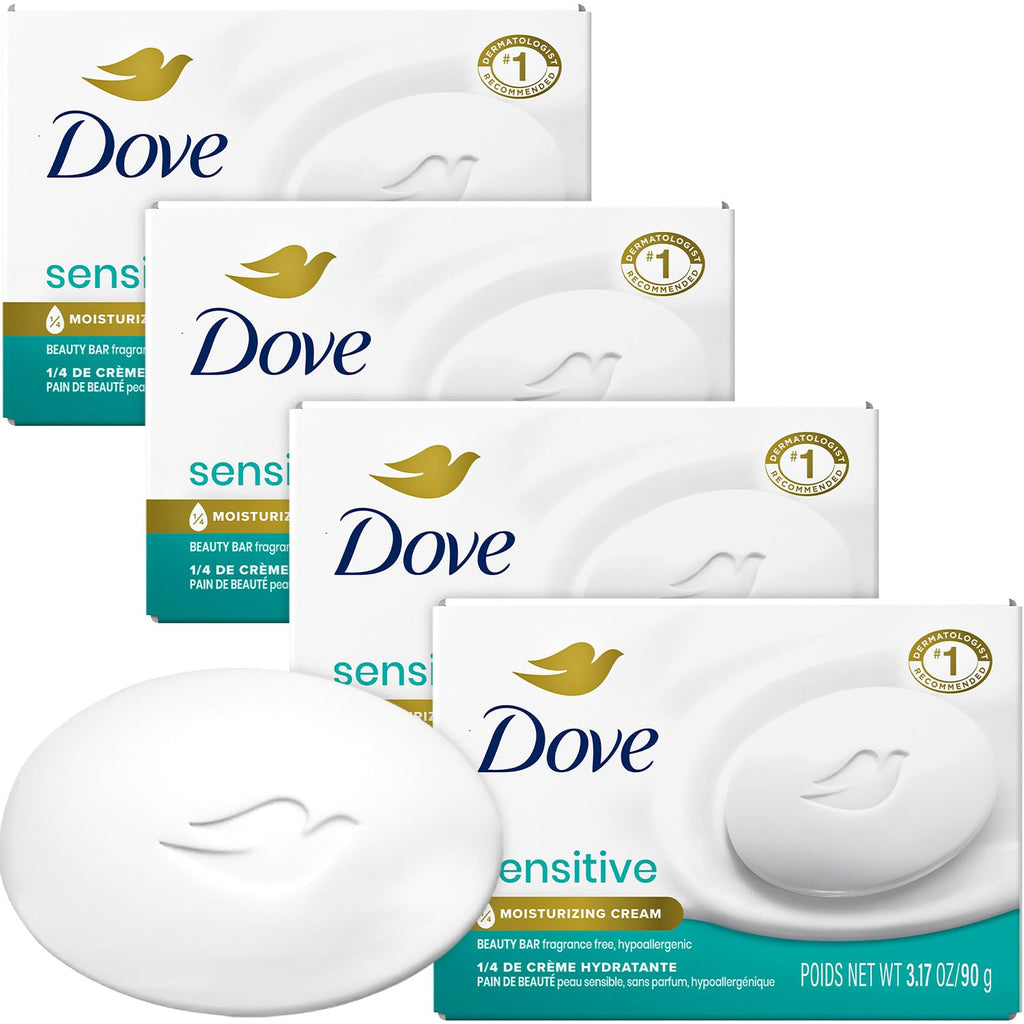Dove Beauty Bar, Sensitive Skin 4-Pack with Moisturizing Cream for Soft, Smooth Skin, 3.17 Oz Ea