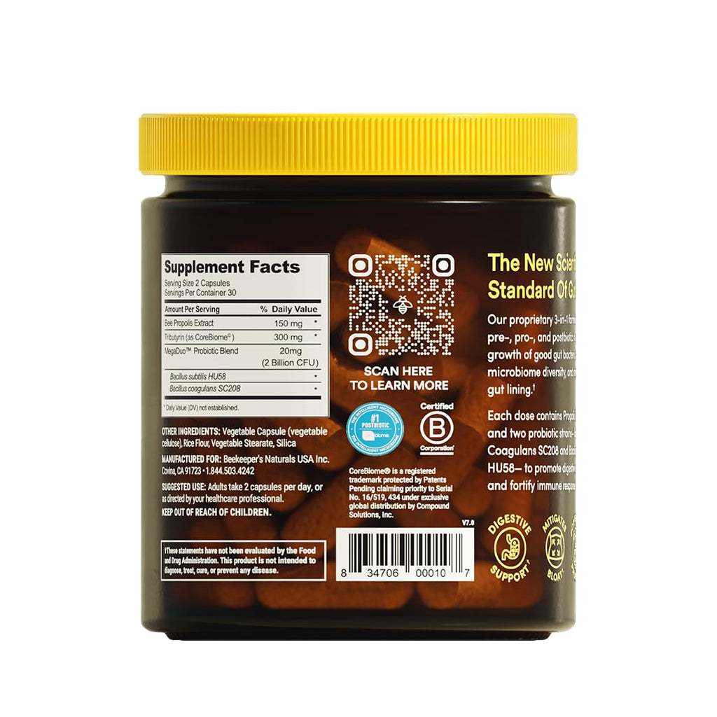 Beekeeper's Naturals Complete Gut Health, 3-in-1 Pre, Post, Probiotics 60ct | 3-in-1 Prebiotic, Postbiotic, Probiotics, Digestive Health & Bloating Relief for Women & Men, Propolis Powered