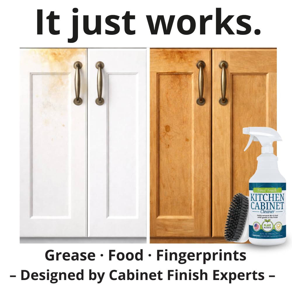 Kitchen Cabinet Cleaner and Degreaser - Plant Based Grease Remover for Wood, Painted and White Cabinets - Cleans, Restores, Protects Finishes, Streak Free, 32oz with Scrub Brush by Final Touch