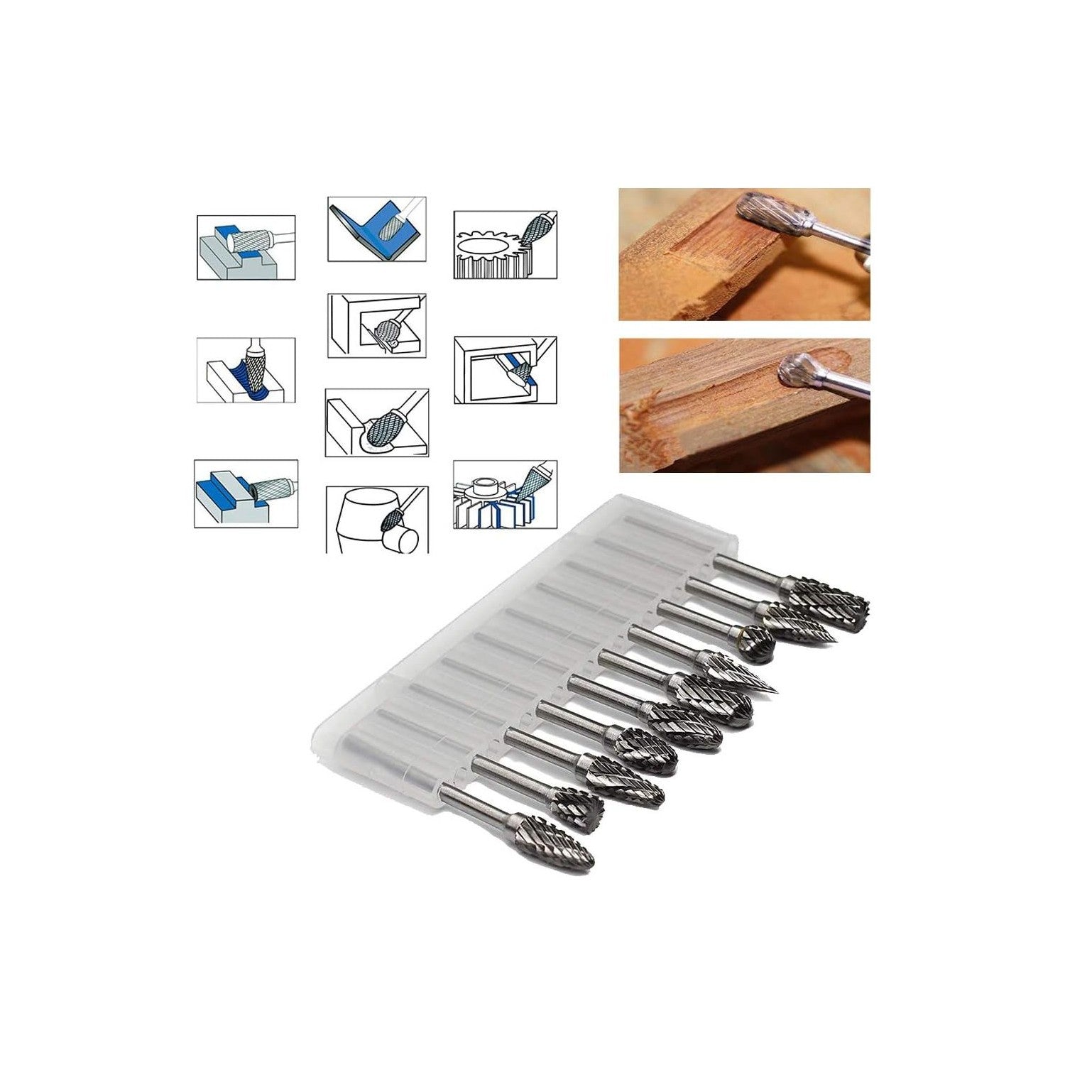 Buy now Double Cut Carbide Rotary Burr Set - 10 Pcs 1/8" Shank, 1/4" Head Length Tungsten Steel for Woodworking,Drilling, Metal Carving, Engraving, Polishing at indiglob india