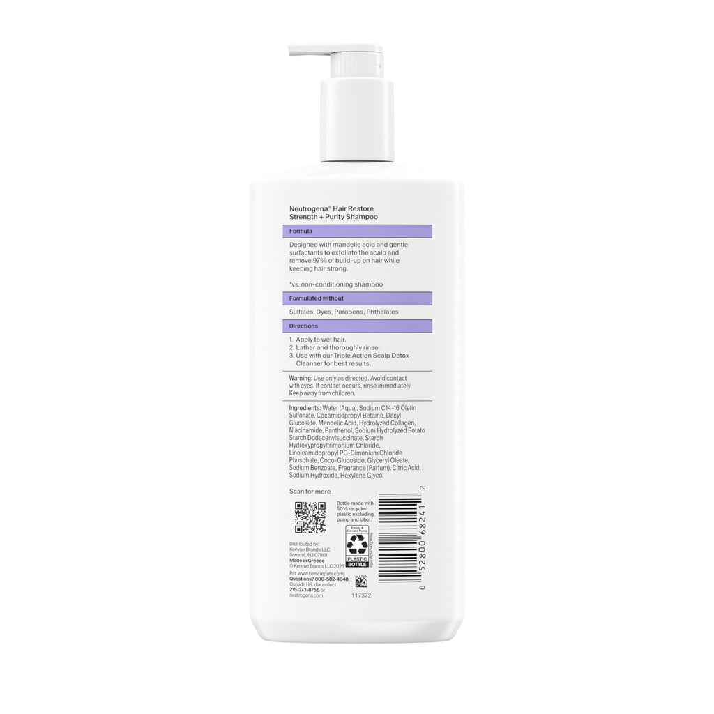 Buy now Neutrogena Hair Restore Strength + Purity Shampoo, Exfoliating Hair Wash with 1.5% Mandelic Acid Gently Removes 97% of Buildup & Reduces Shedding due to Breakage, Paraben-Free, 13 fl oz at indiglob india