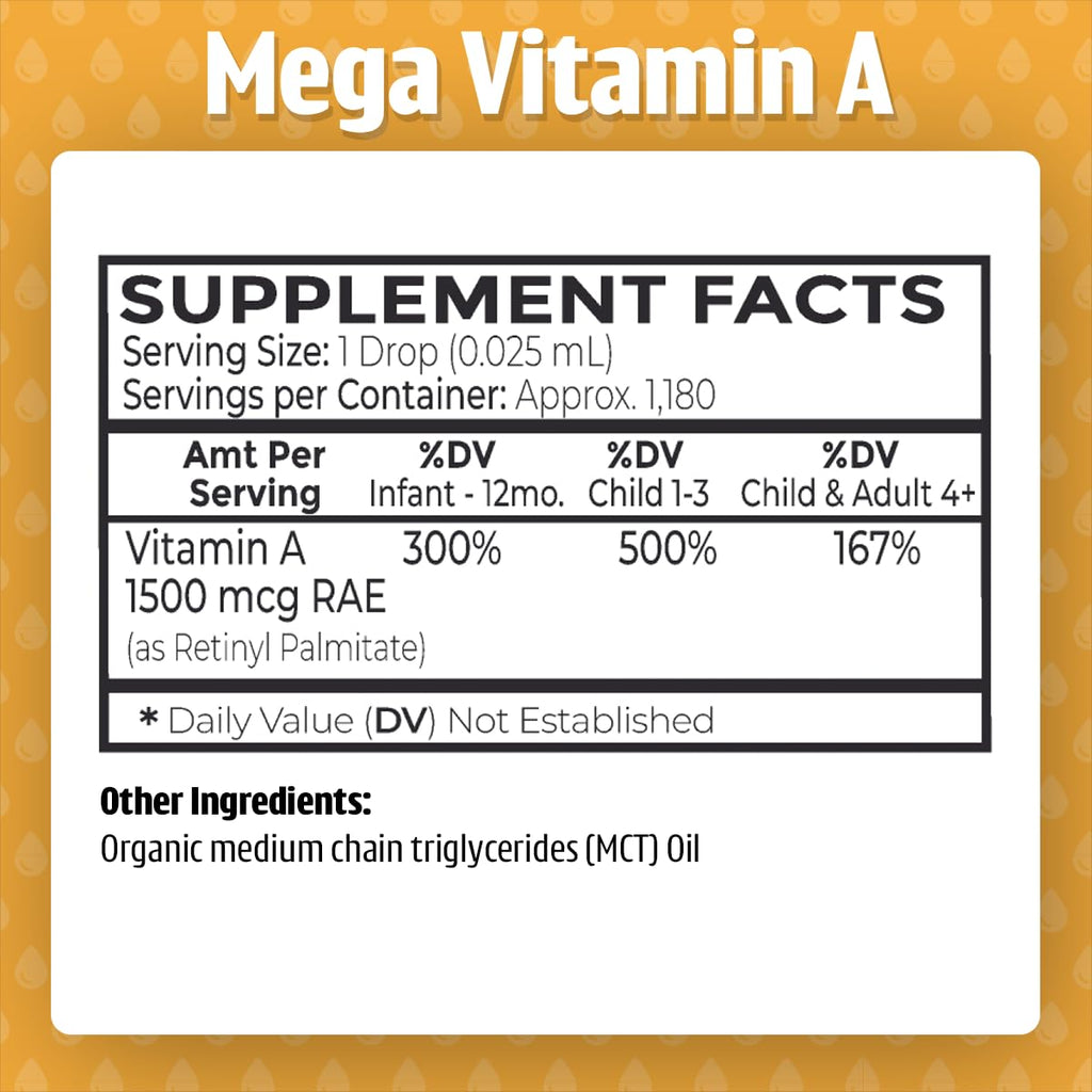 Dr. Green Mom Mega Vitamin A Liquid Drops | 1500 mcg RAE Per 1 Drop, 1180 Servings Per Bottle | Certified Organic, Non-GMO in Organic MCT Oil | Retinyl Palmitate | Infants, Kids & Adults | 1 fl oz